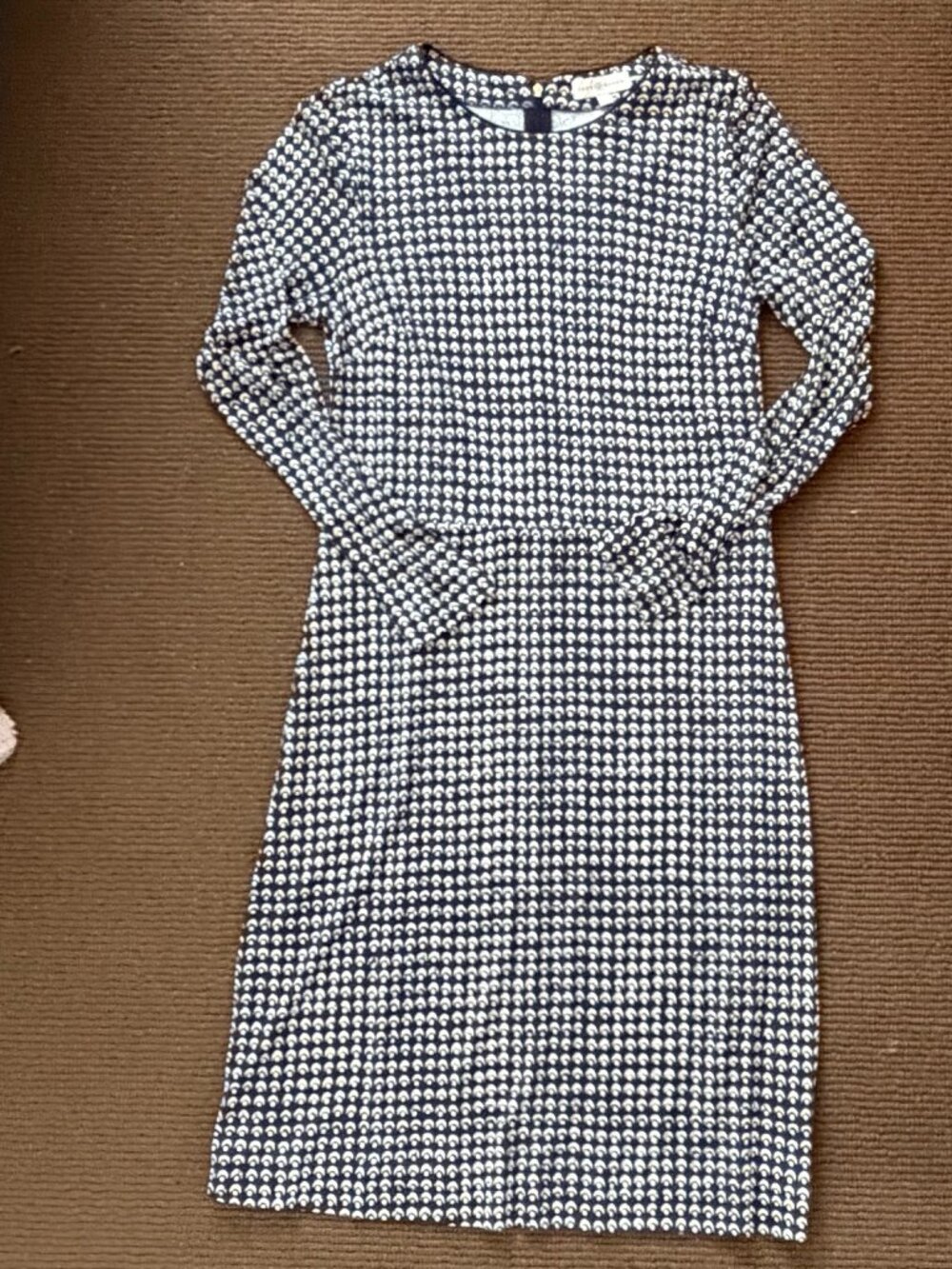 Tory Burch 100% Silk Navy Blue and Cream Geometric Pattern Midi Dress SZ M